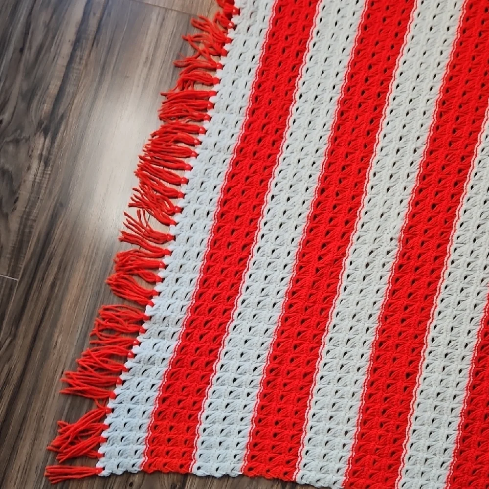 Crochet Handmade Red and White Knitted Throw Blanket
